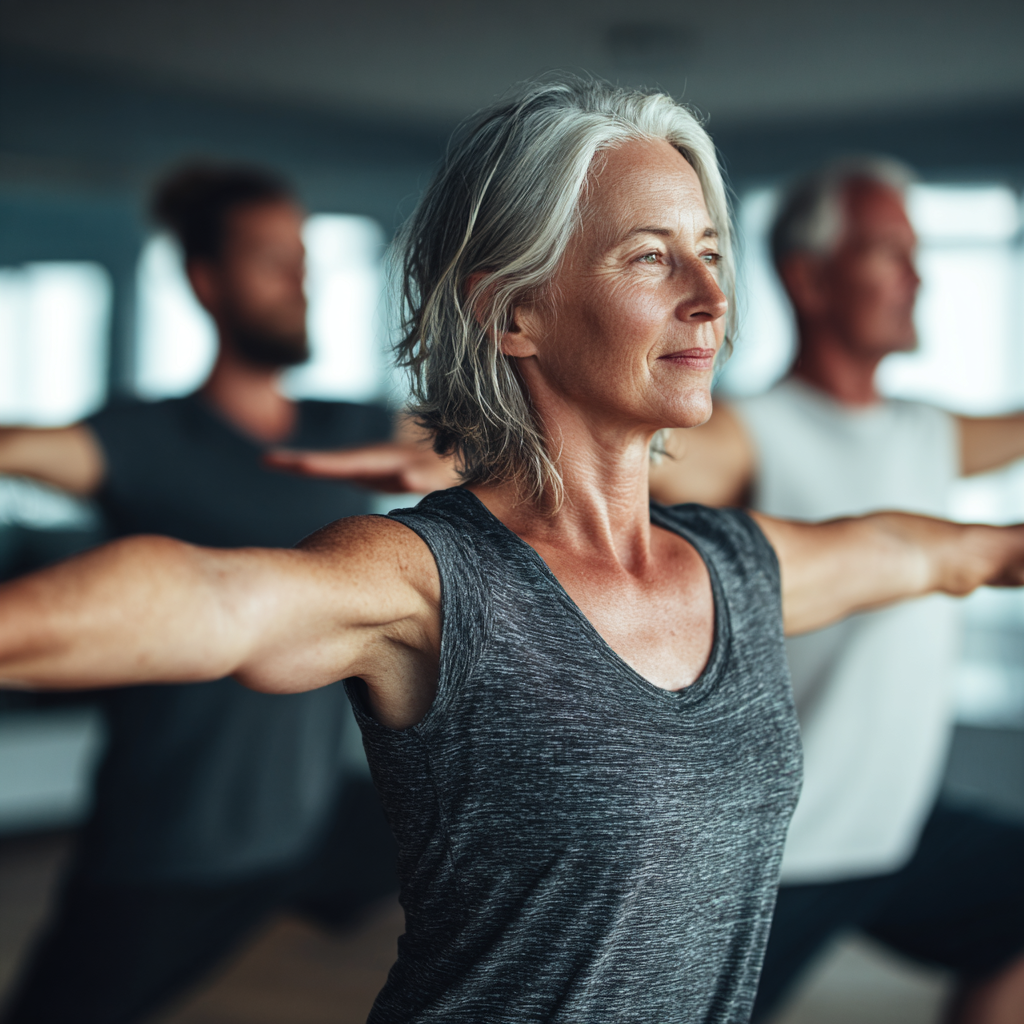 Middle-aged adults engaging in balanced fitness activities in natural lighting