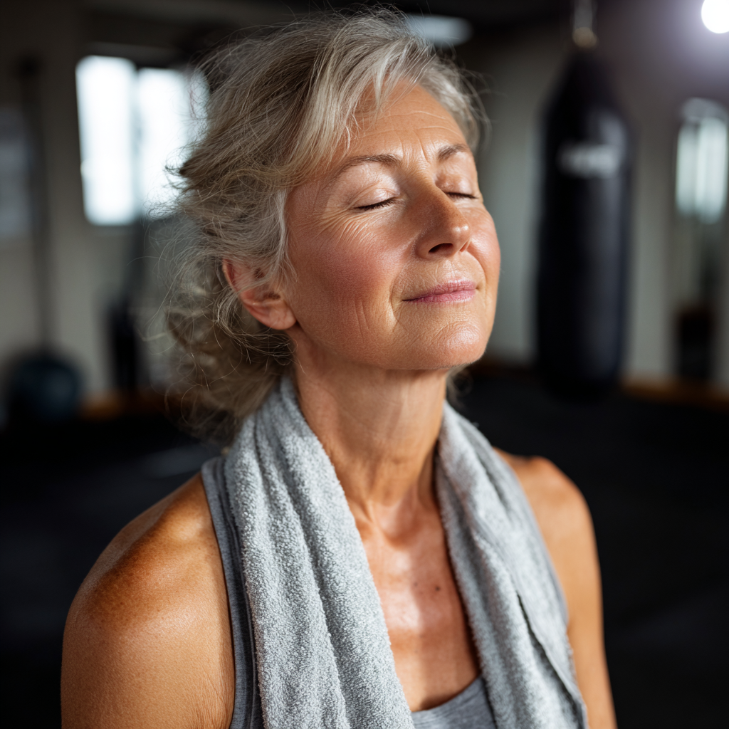 Older adult in peaceful contemplative pose after gentle fitness session